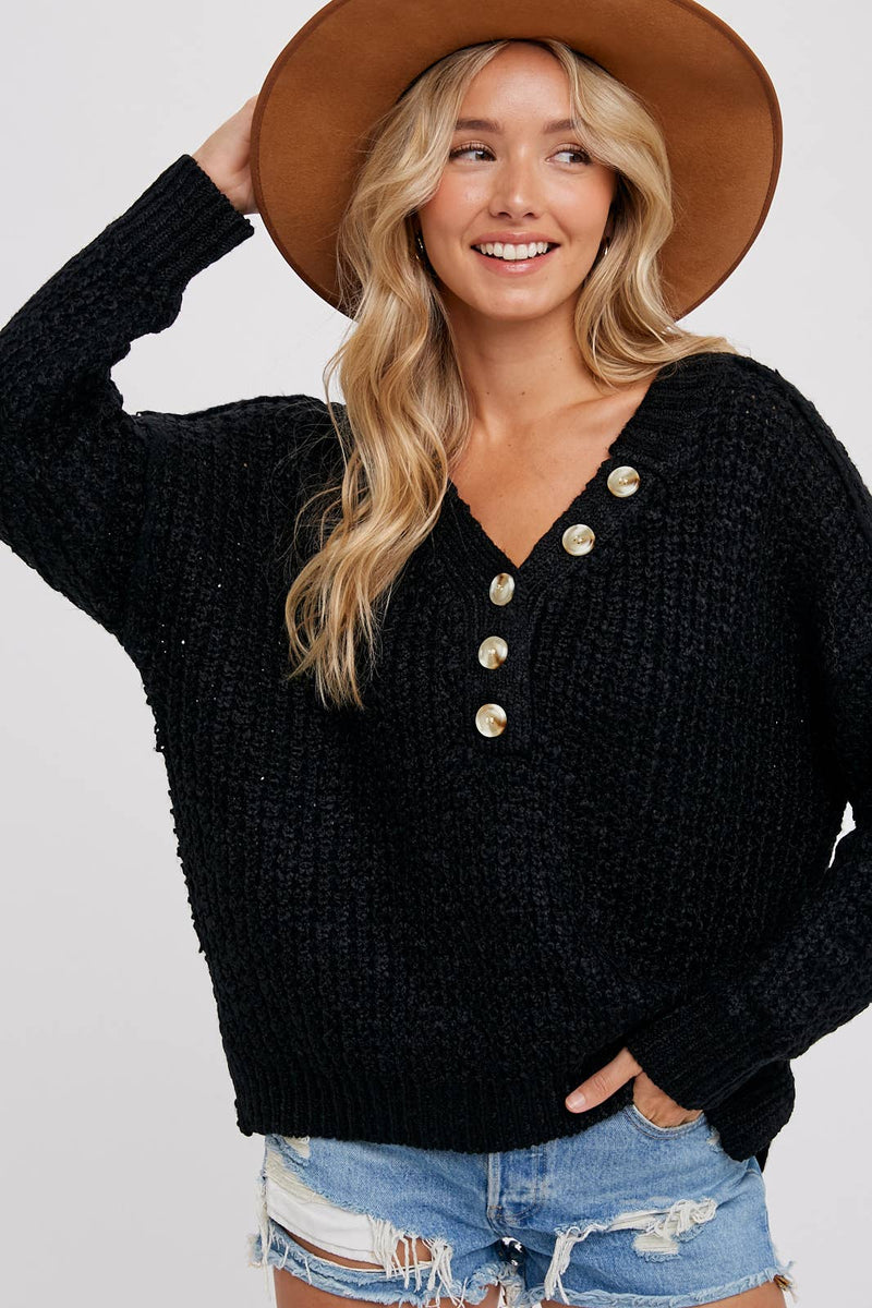 Black Henley Sweater Top