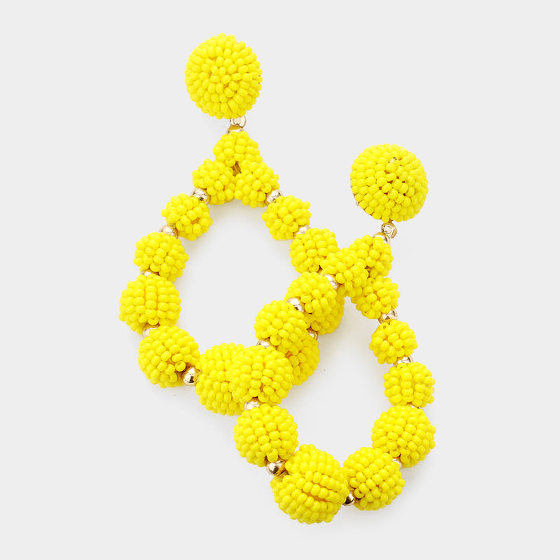 Yellow Seed Beaded Ball Open Teardrop Earrings