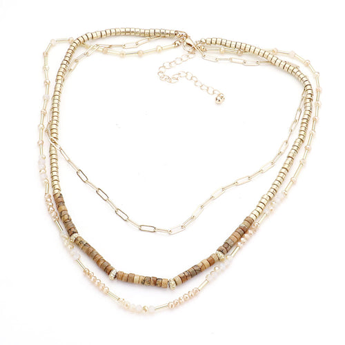 Natural Stone Faceted Beaded Triple Layered Necklace w/ Earrings