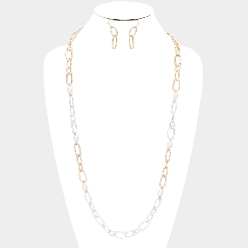 Freshwater Pearl Accented Metal Open Oval Link Long Necklace