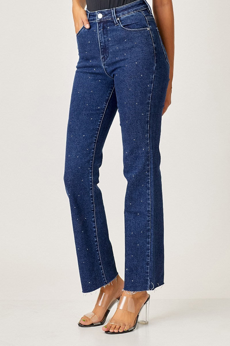 High-Rise Rhinestone Embellished Slim Straight Jeans