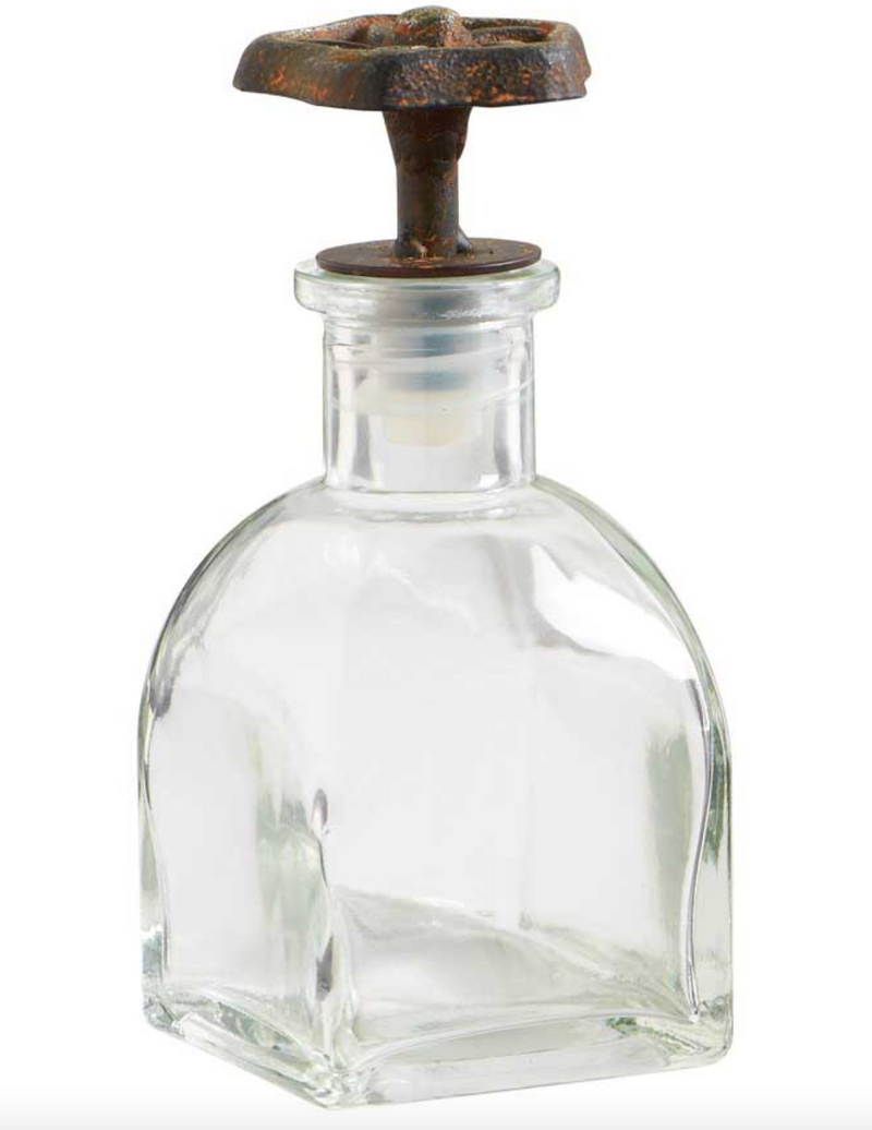 5.5 Inch Tall Square Glass Bottle w/Metal Water Faucet Knob Lid