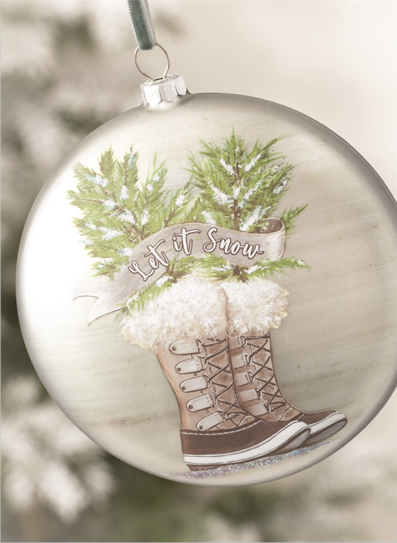 Boot & Pine Trees Glass Ornament