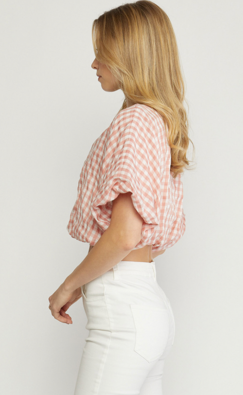 Peach Gingham Print V-Neck Cropped Top