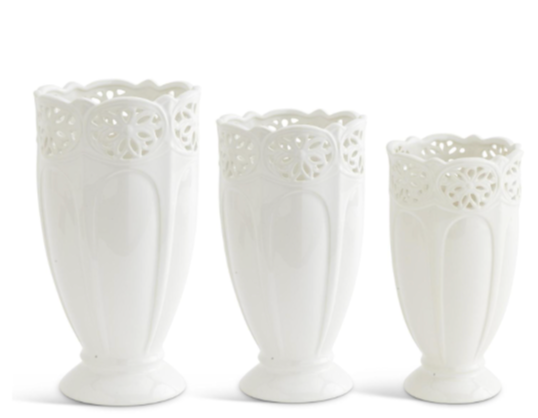 White Ceramic Vases w/ Ornate Rim