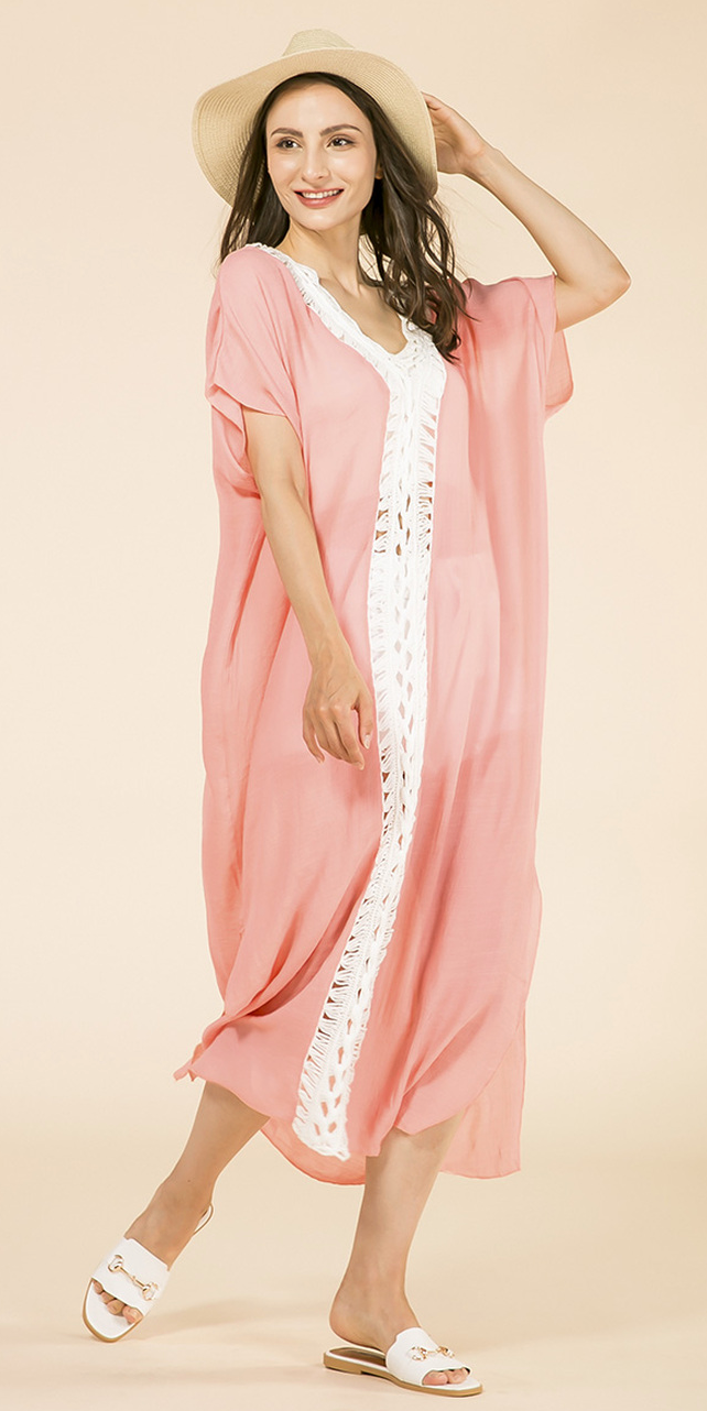 Peach Crochet Accent Long Cover-up