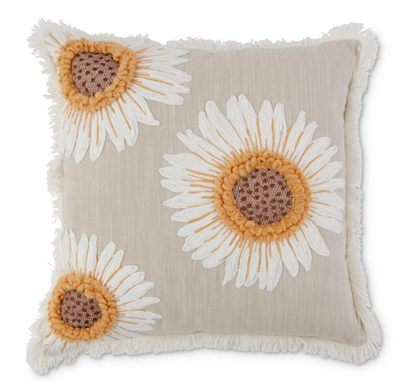 18" Square Linen Pillow W/ Embroidered Sunflowers