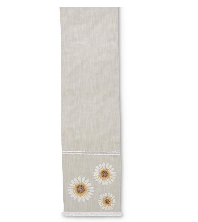 72" Tan Linen Table Runner W/ Embroidered Sunflowers