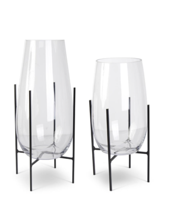 Glass Floating Vases On Dark Metal Stands (2 Sizes)