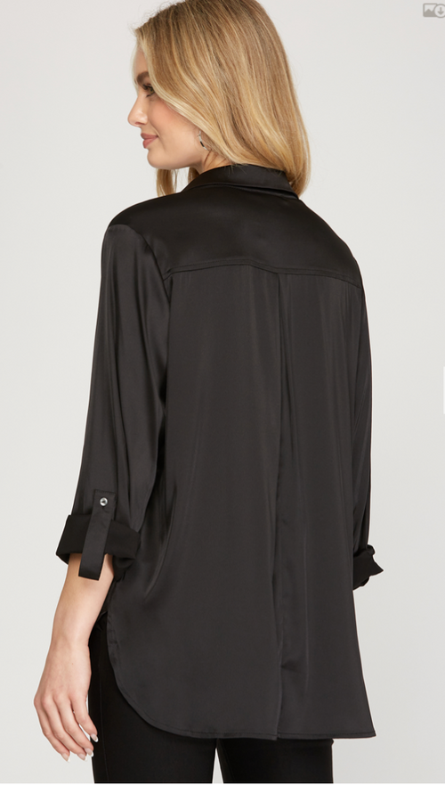 Black Long Sleeve Satin Button Up Shirt (Plus sizes)