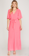 Pink Half Sleeve Pleated Maxi Dress