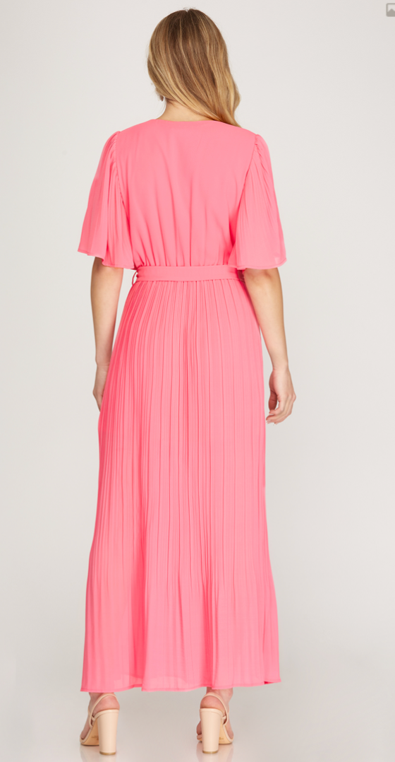 Pink Half Sleeve Pleated Maxi Dress