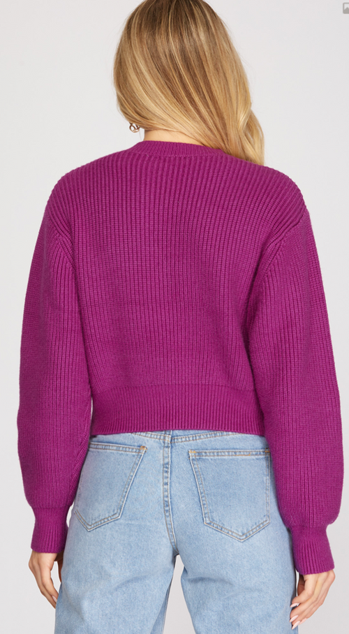 Magenta Long Sleeve Drop Shoulder Knit Sweater