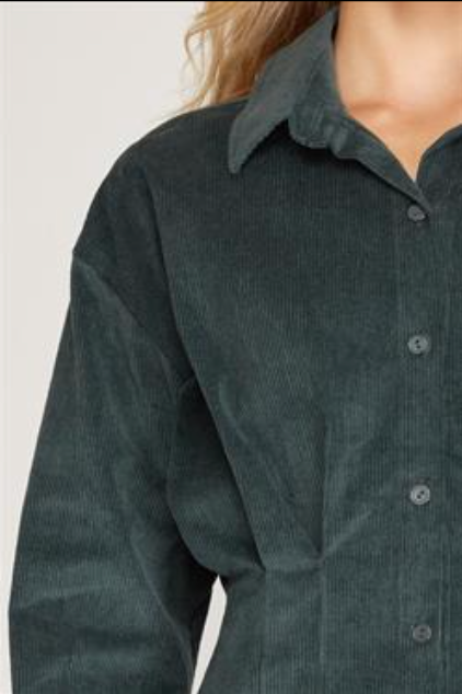 Blue Green Long Sleeve Corduroy Shirt Dress