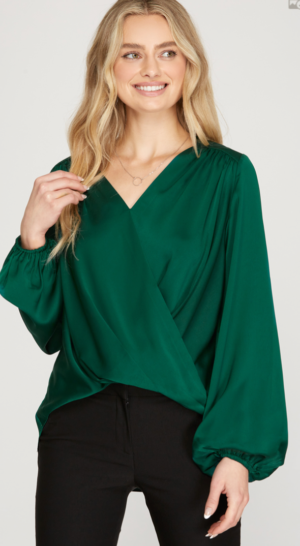 Forest Green Long Sleeve Satin Surplice Top Rove Jewelry Accessories Gifts