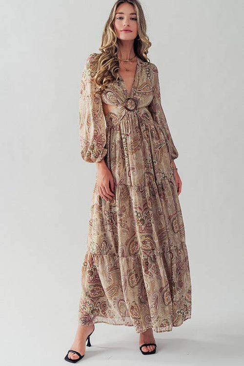 Elsie Beige Center Buckle Maxi Dress