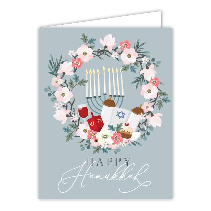 Happy Hanukkah Menorah with Floral Wreath Greeting Card